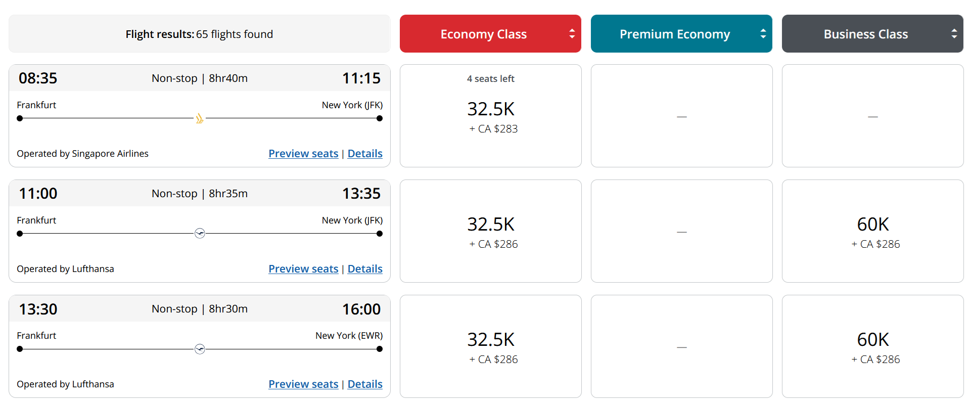 Air Canada Aeroplan award results from Frankfurt to New York