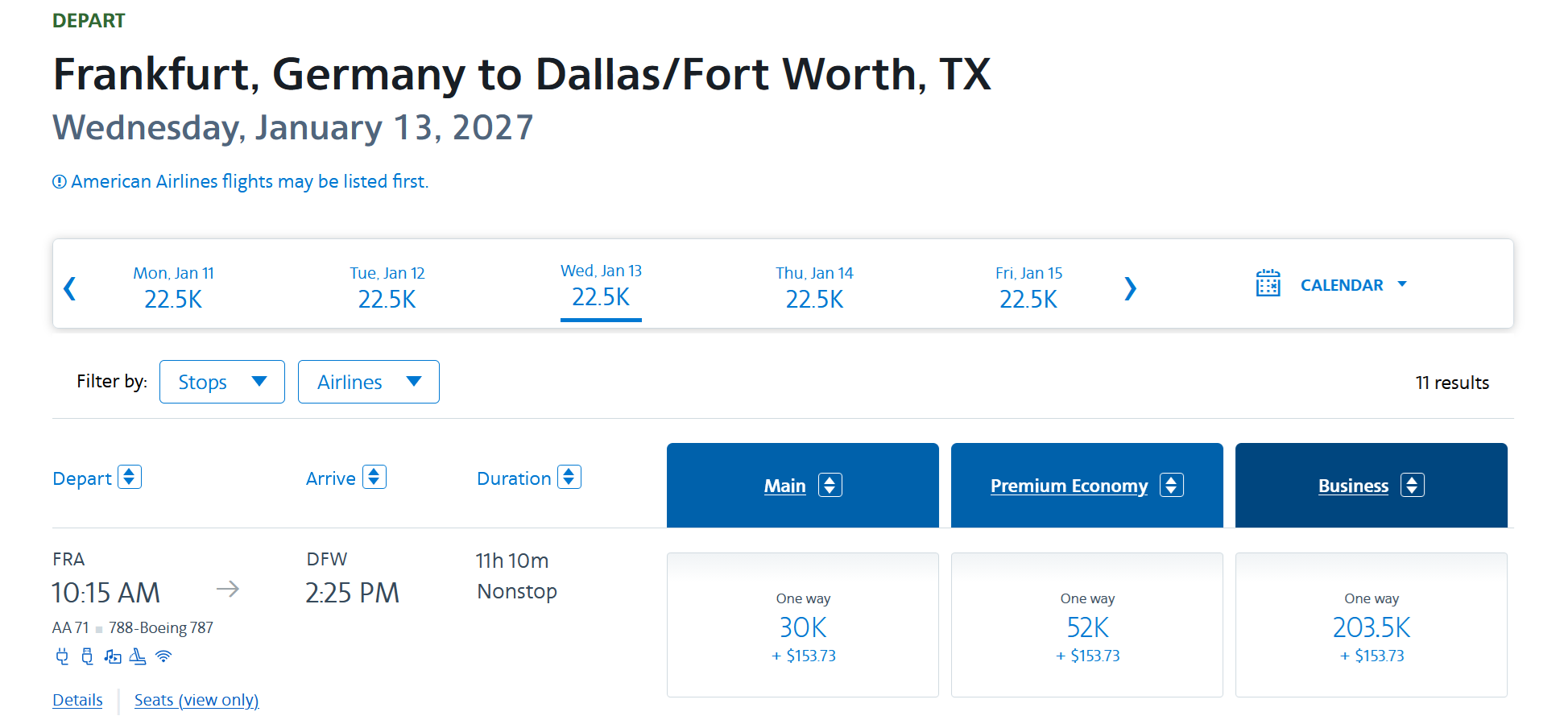 American Airlines award search from Frankfurt to Dallas Fort Worth