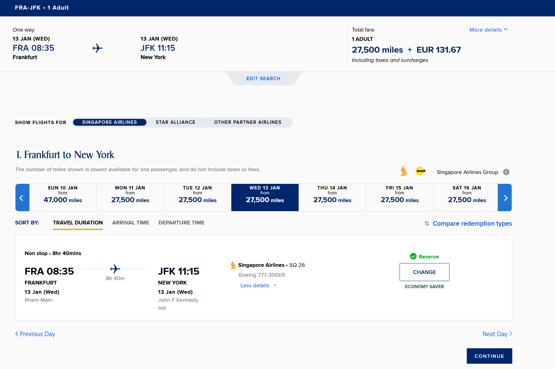 Singapore direct award result from Frankfurt to New York