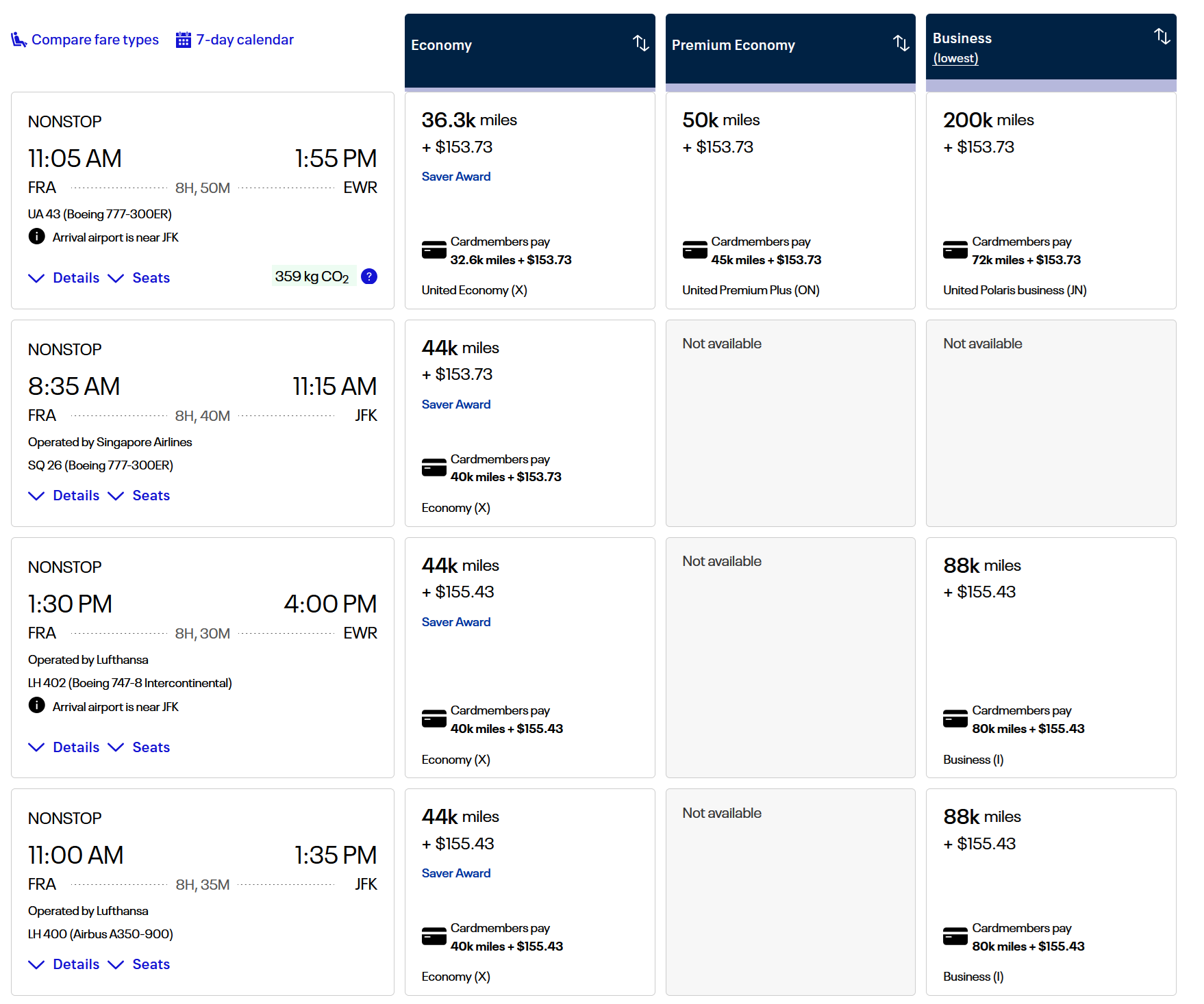 United award search results from Frankfurt to New York